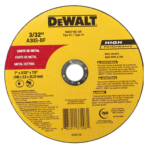 Disco Corte Metal 7" x 3/32" x 7/8" Dewalt DW4719C-AR