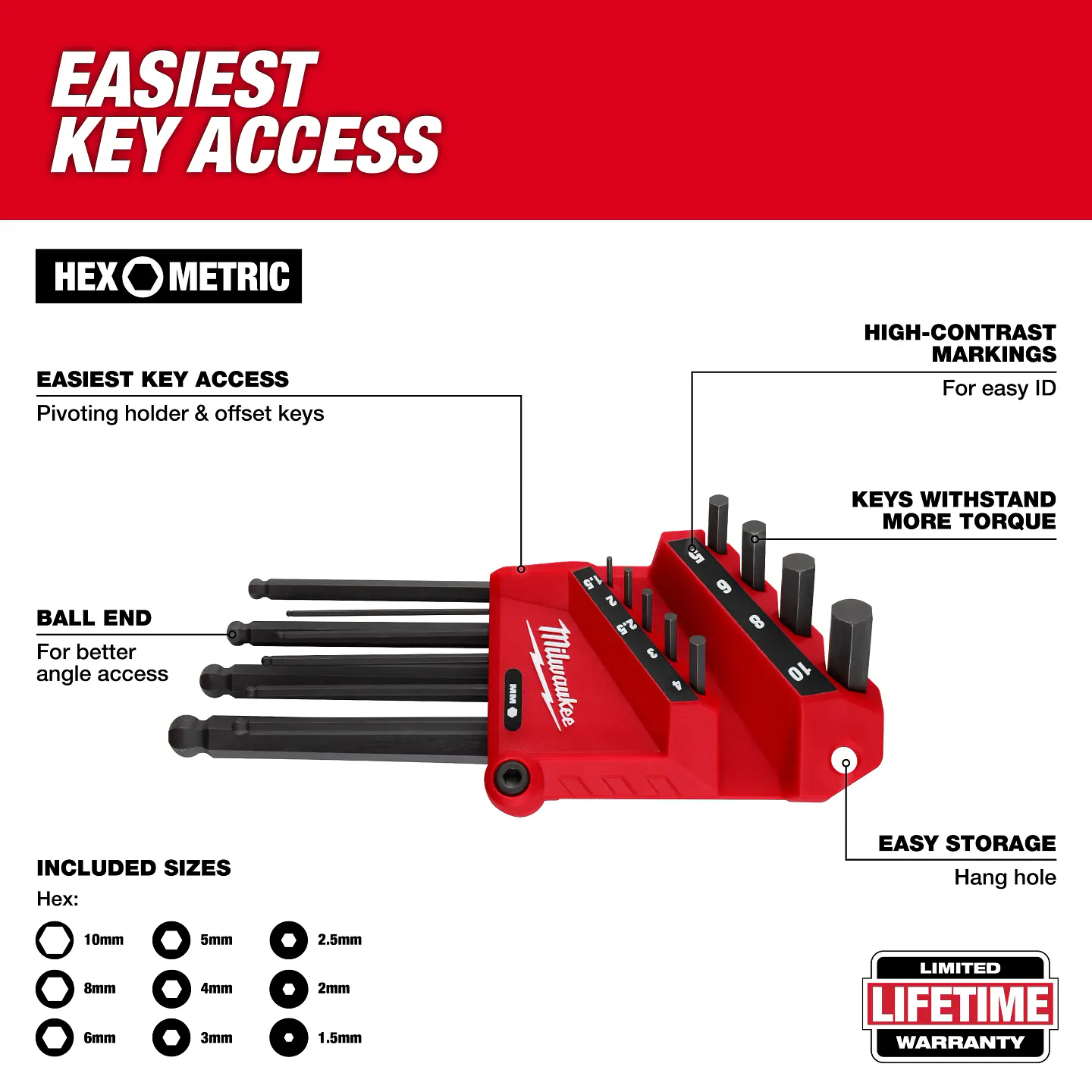 Set Llaves Allen Metricas Punta Bola Milwaukee 9 Piezas 48-22-2186 2