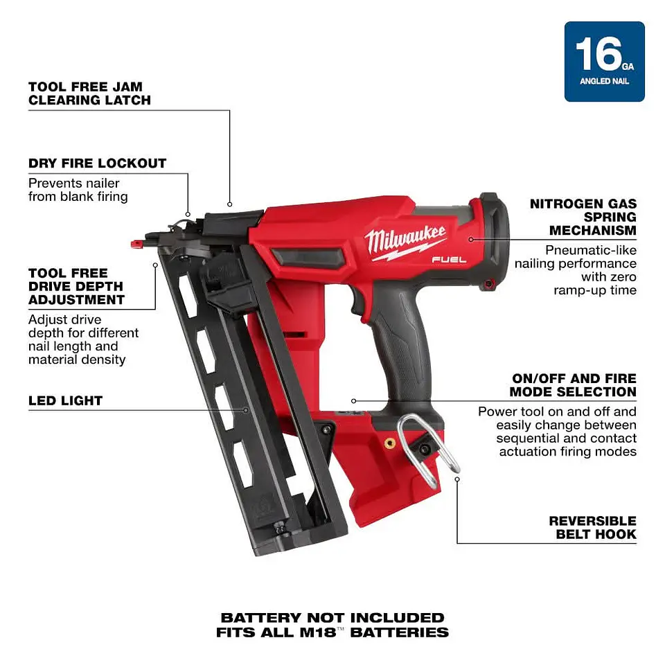 Clavadora Angular de Terminacion Milwaukee M18 FUEL Calibre 16 Solo Herramienta 2841-20 3