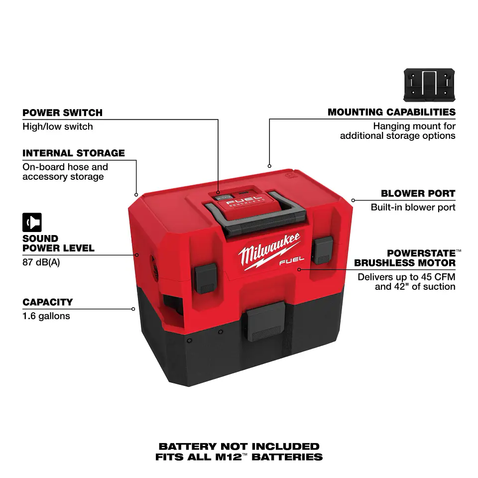 Aspiradora Solidos y Liquidos Milwaukee M12 FUEL 1,6 Galones Solo Herramienta 0960-20 3