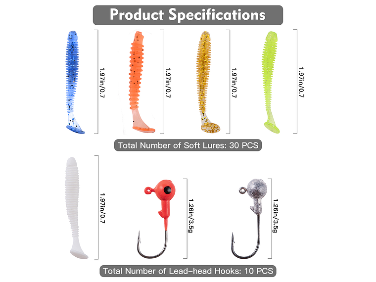 Kit 40 Piezas Pesca Señuelos Vinilo Anzuelo Cabeza Plomada modelo B 3