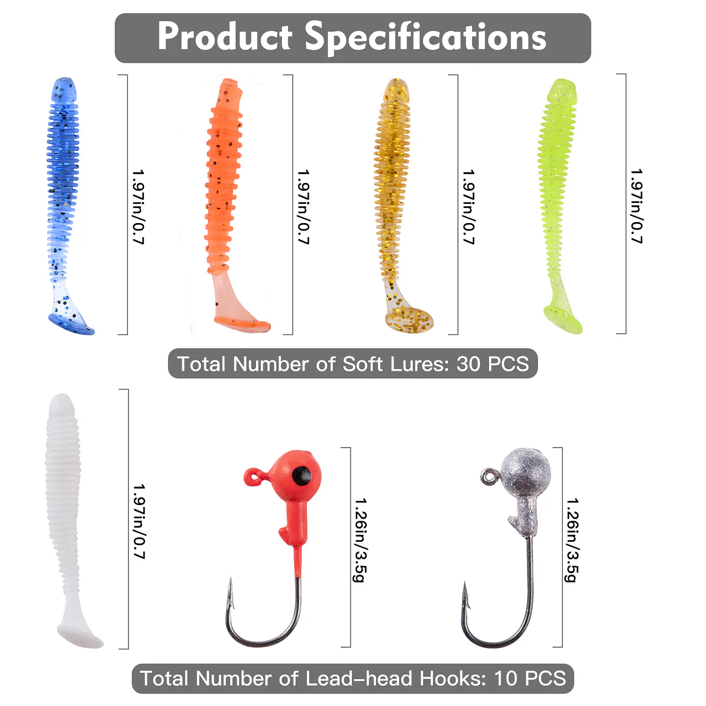 Kit 40 Piezas Pesca Señuelos Vinilo Anzuelo Cabeza Plomada modelo B 3
