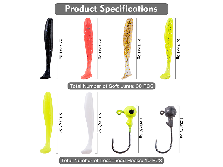 Kit 40 Piezas Pesca Señuelos Vinilo Anzuelos Cabeza Plomada 2