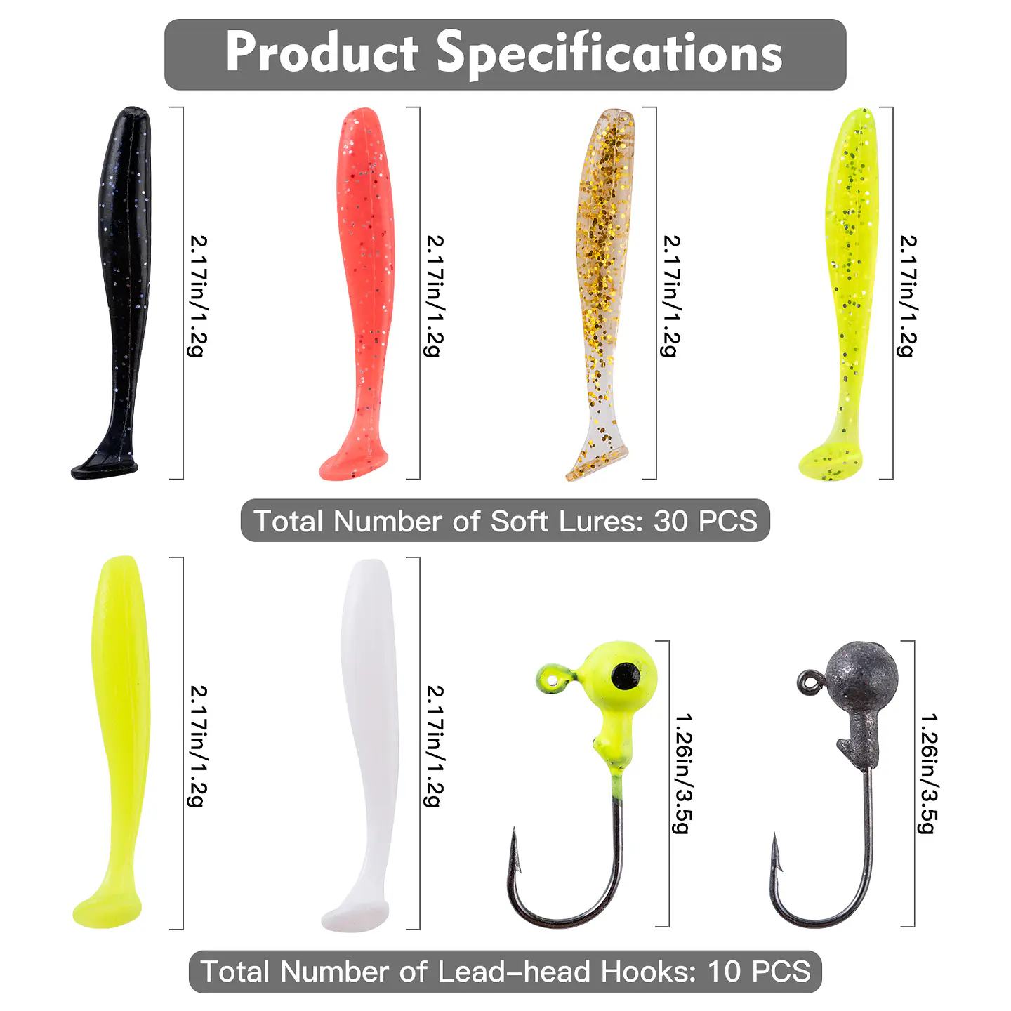 Kit 40 Piezas Pesca Señuelos Vinilo Anzuelos Cabeza Plomada 2