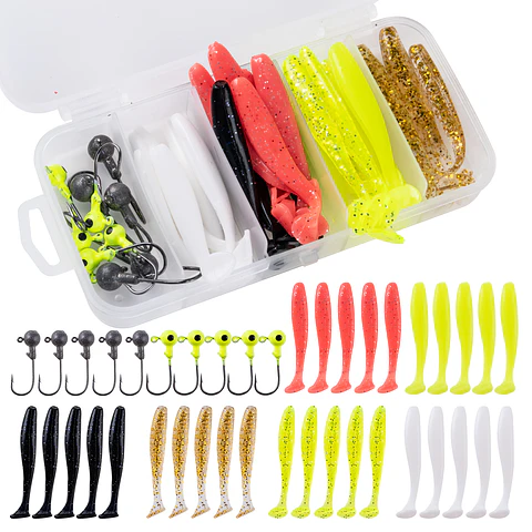 Kit 40 Piezas Pesca Señuelos Vinilo Anzuelos Cabeza Plomada