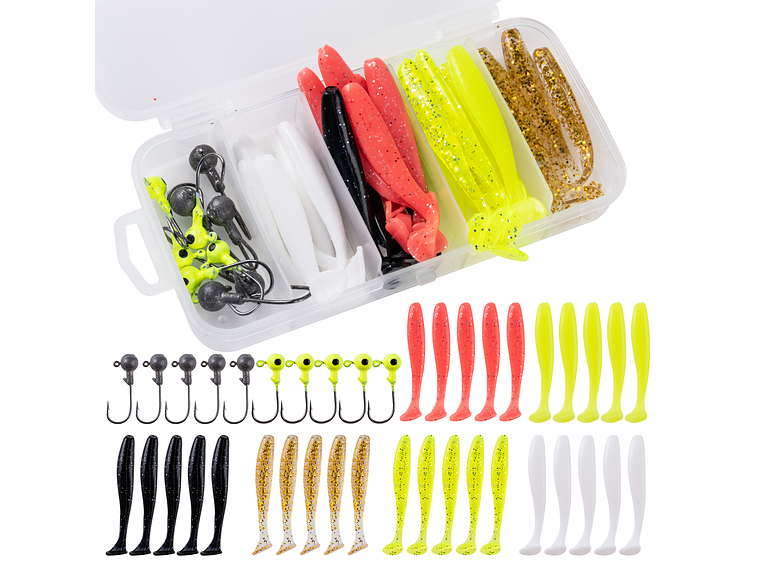 Kit 40 Piezas Pesca Señuelos Vinilo Anzuelos Cabeza Plomada 1