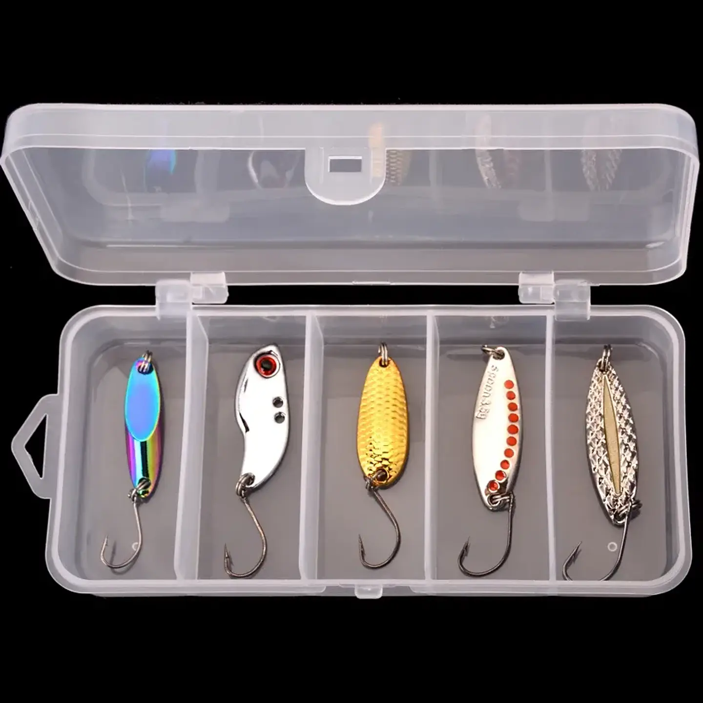 Kit X5 Señuelos Chispas Vib Cucharas 3.5grs Pesca Más Caja 4