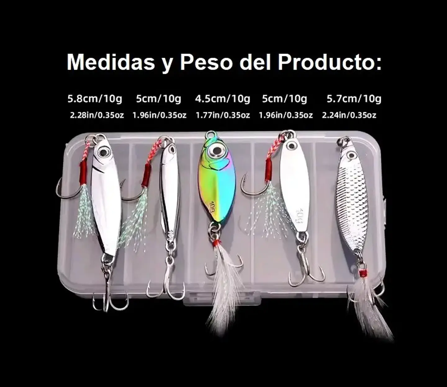 Kit X5 Señuelos Chispas Vib Cucharas 10grs Pesca Más Caja 3