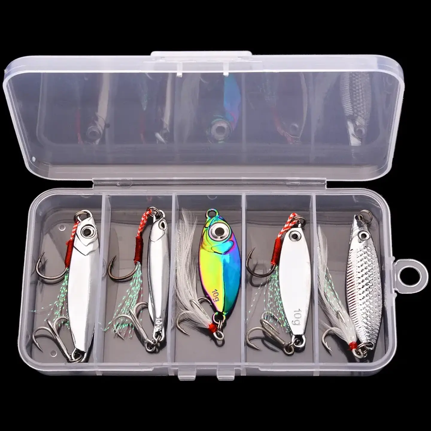Kit X5 Señuelos Chispas Vib Cucharas 10grs Pesca Más Caja 4