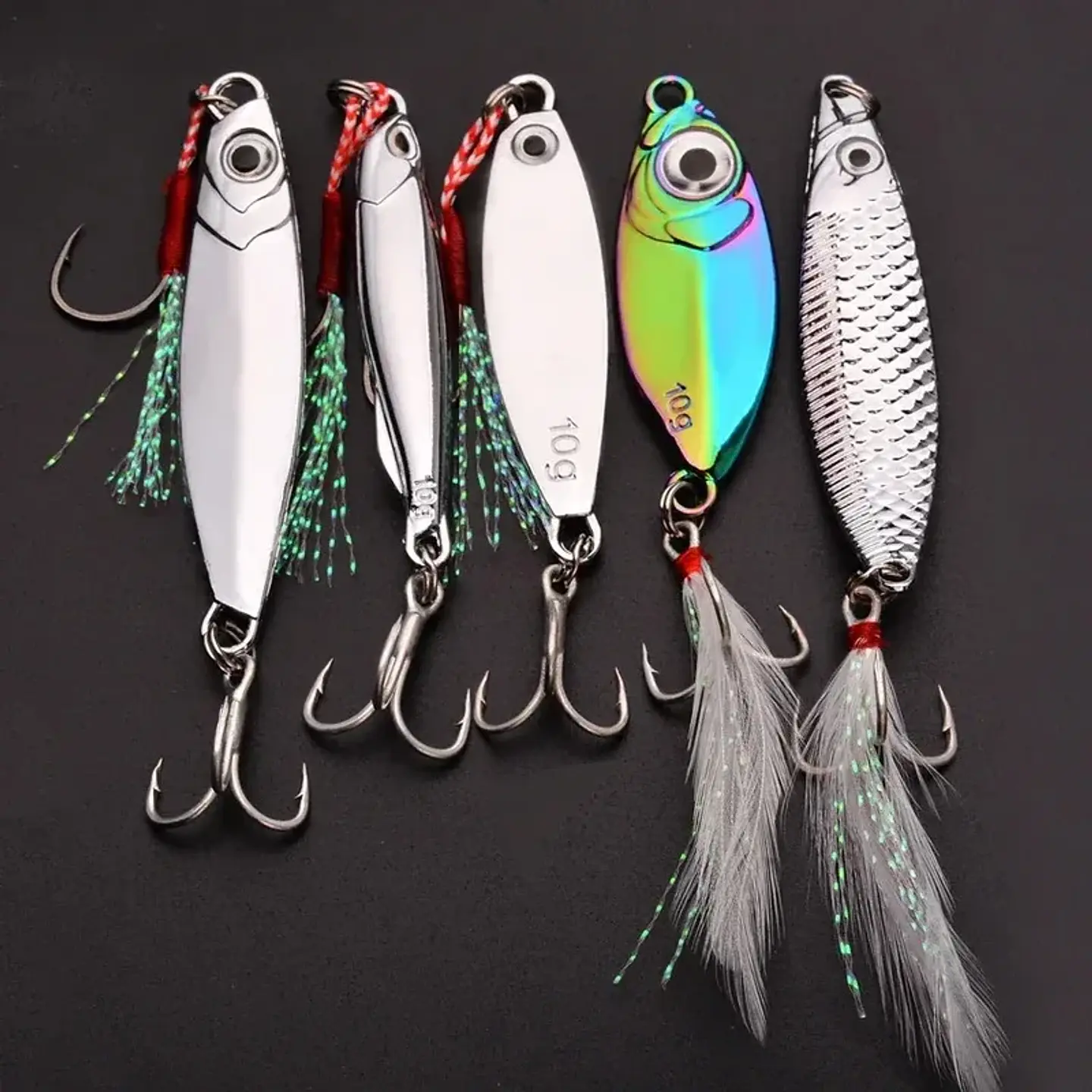 Kit X5 Señuelos Chispas Vib Cucharas 10grs Pesca Más Caja 5