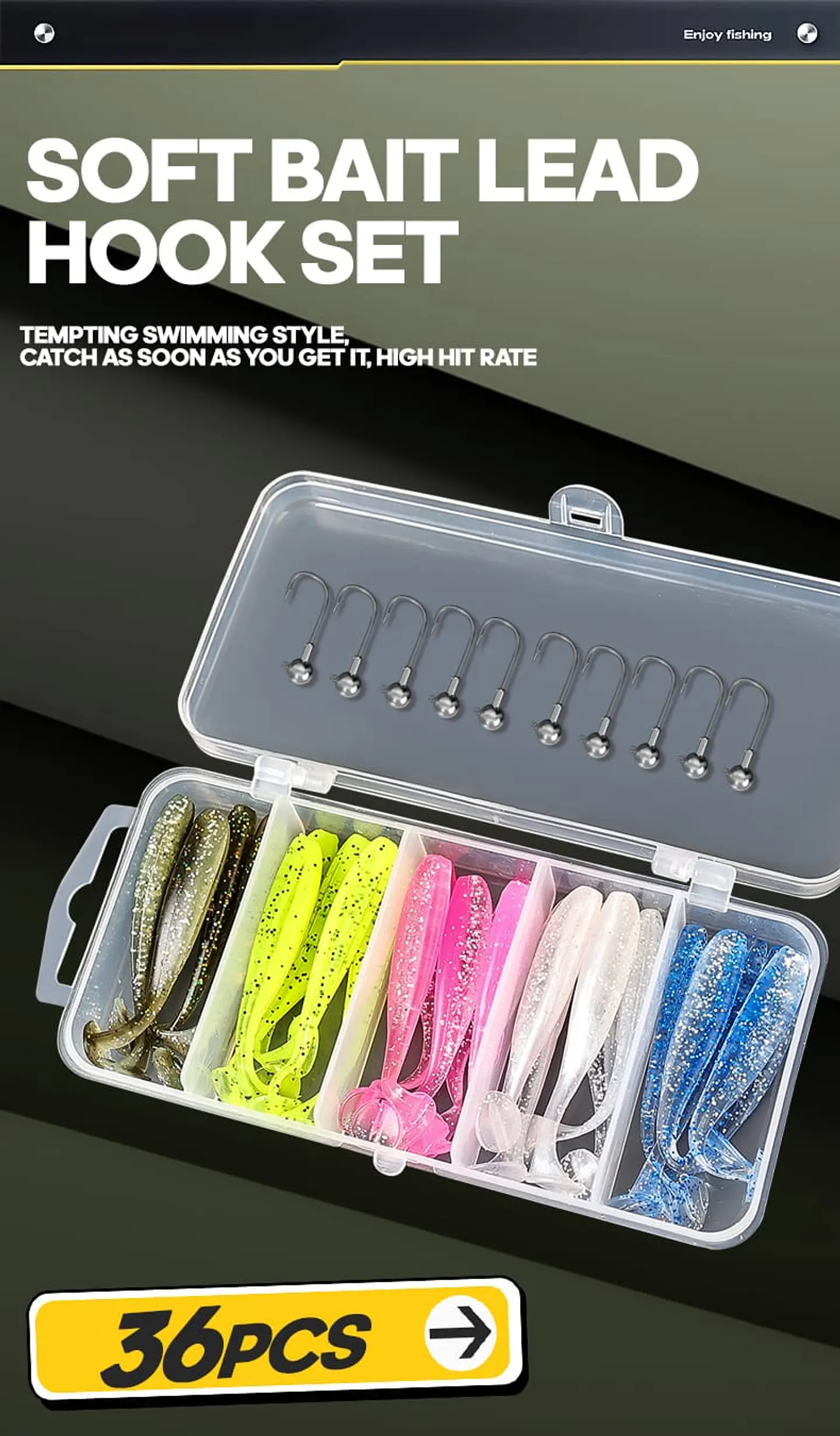 Kit 36 Piezas Pesca Señuelos Vinilo Anzuelo Cabeza Plomada 2