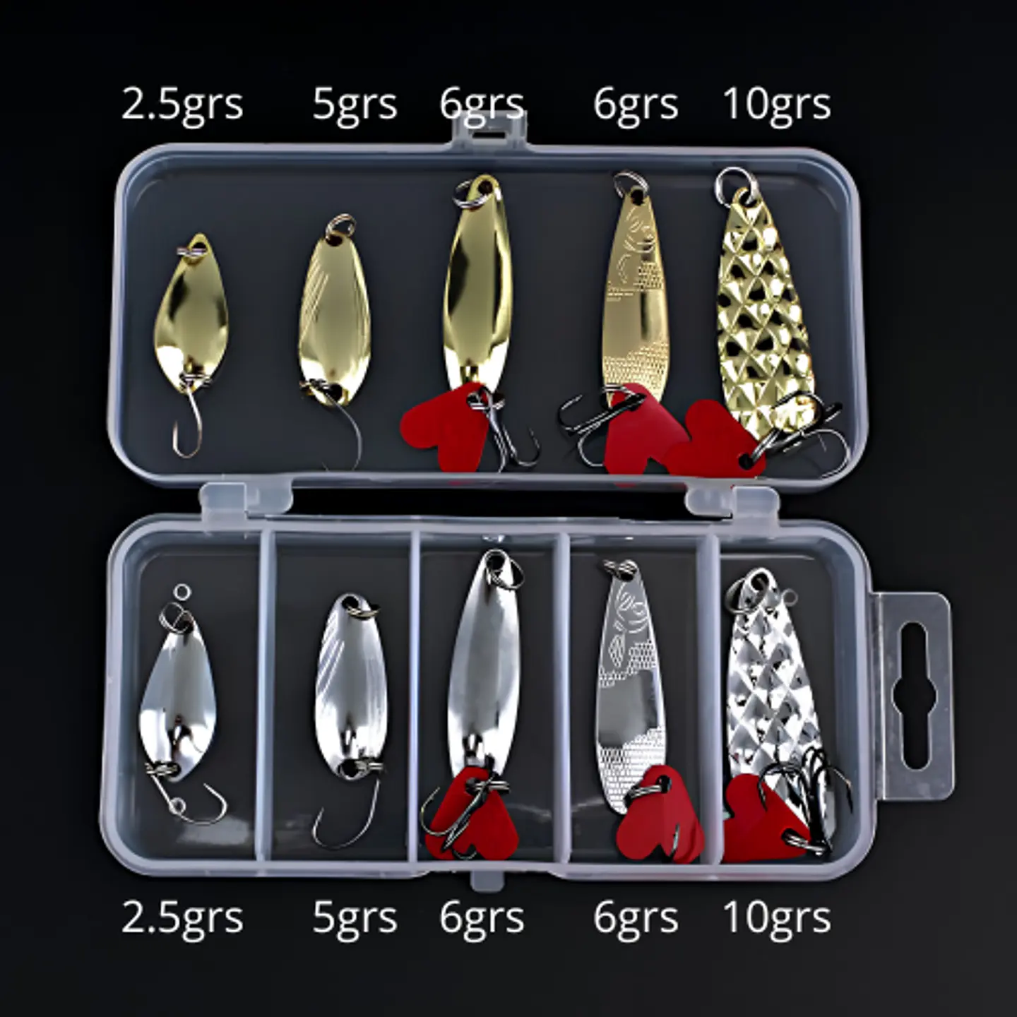 Kit 10 Señuelos Pesca Chispas Metal Cucharas + Caja 1