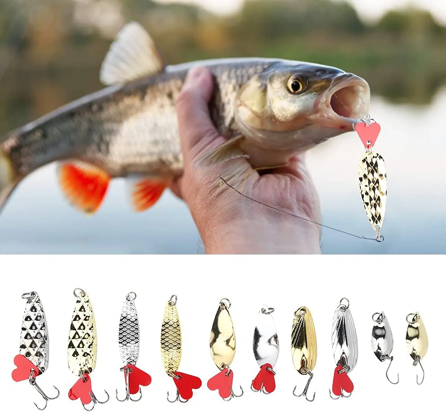 Kit 10 Señuelos Pesca Chispas Metal Cucharas + Caja 4
