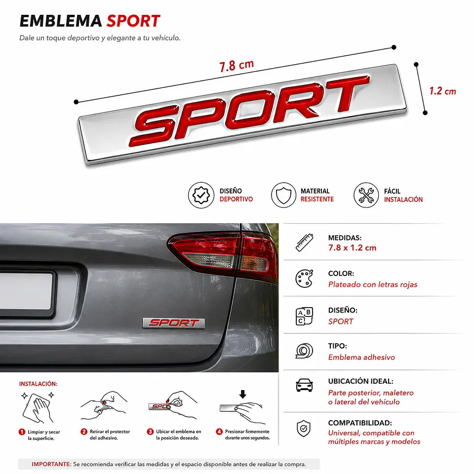 Logo Emblema Sport Multimarca 7.8x1.2cm Metálico Negro 3