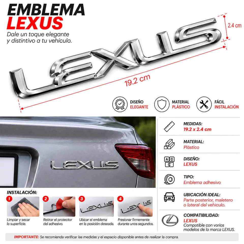 Emblema Logo Para Lexus 19.2x2.4cm Cromado 3