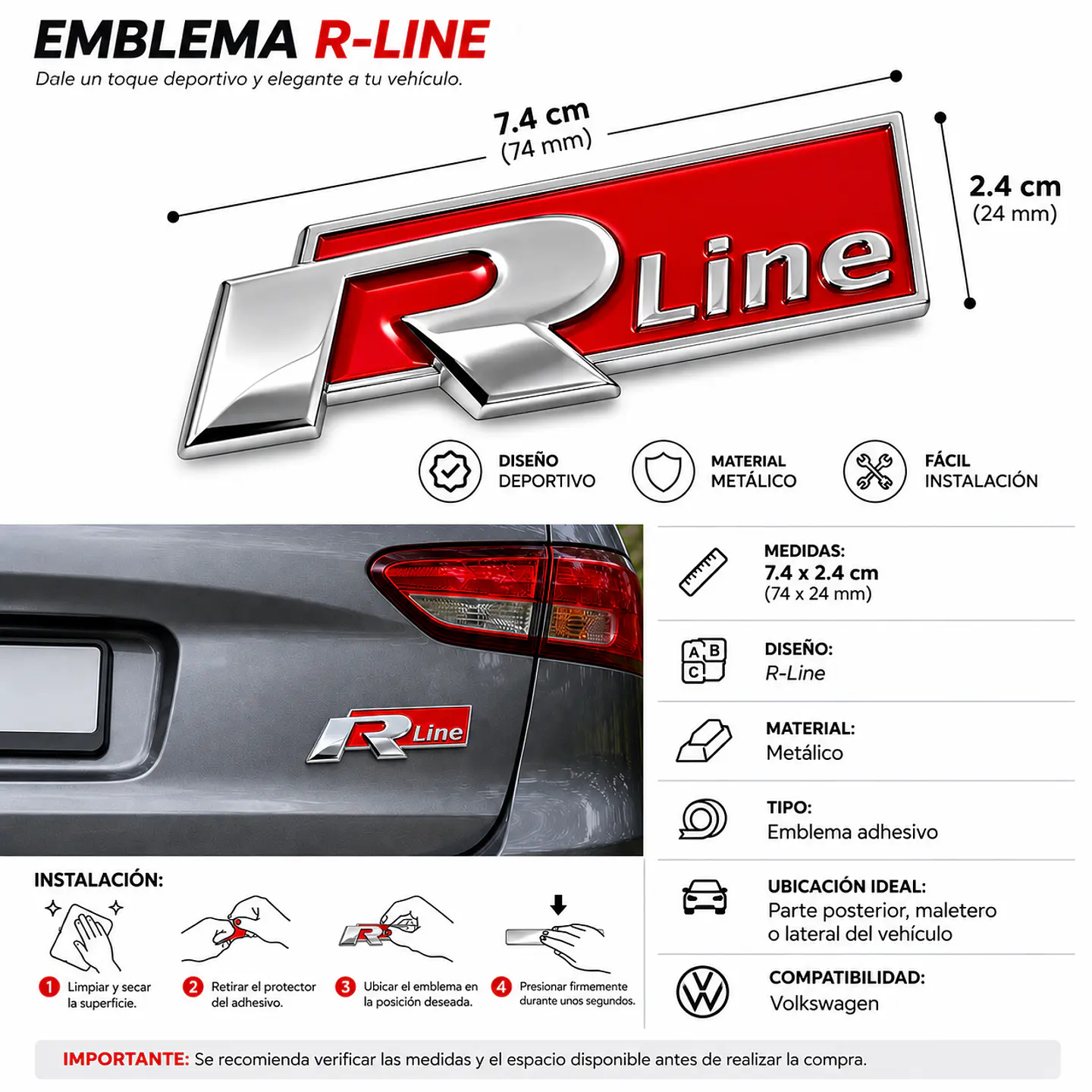 Emblema Logo Rline Para Volkswagen R Line 7.4x2.4cm Negro 3