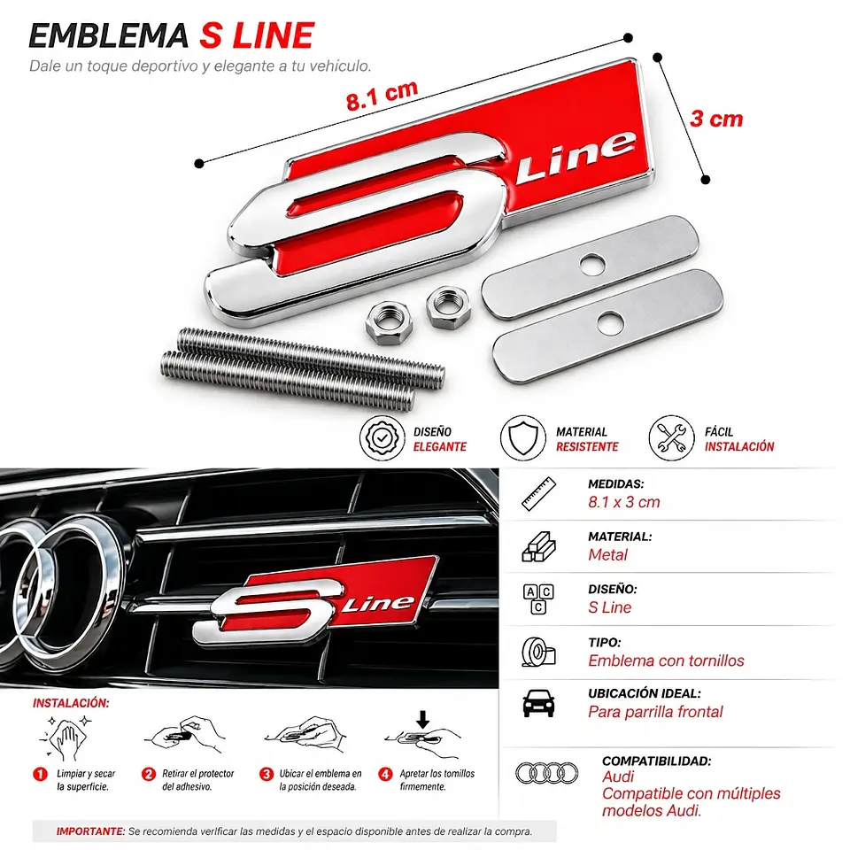 Emblema Frontal Sline Logo Para Audi S Line Parrilla 8.1x3cm Rojo 3