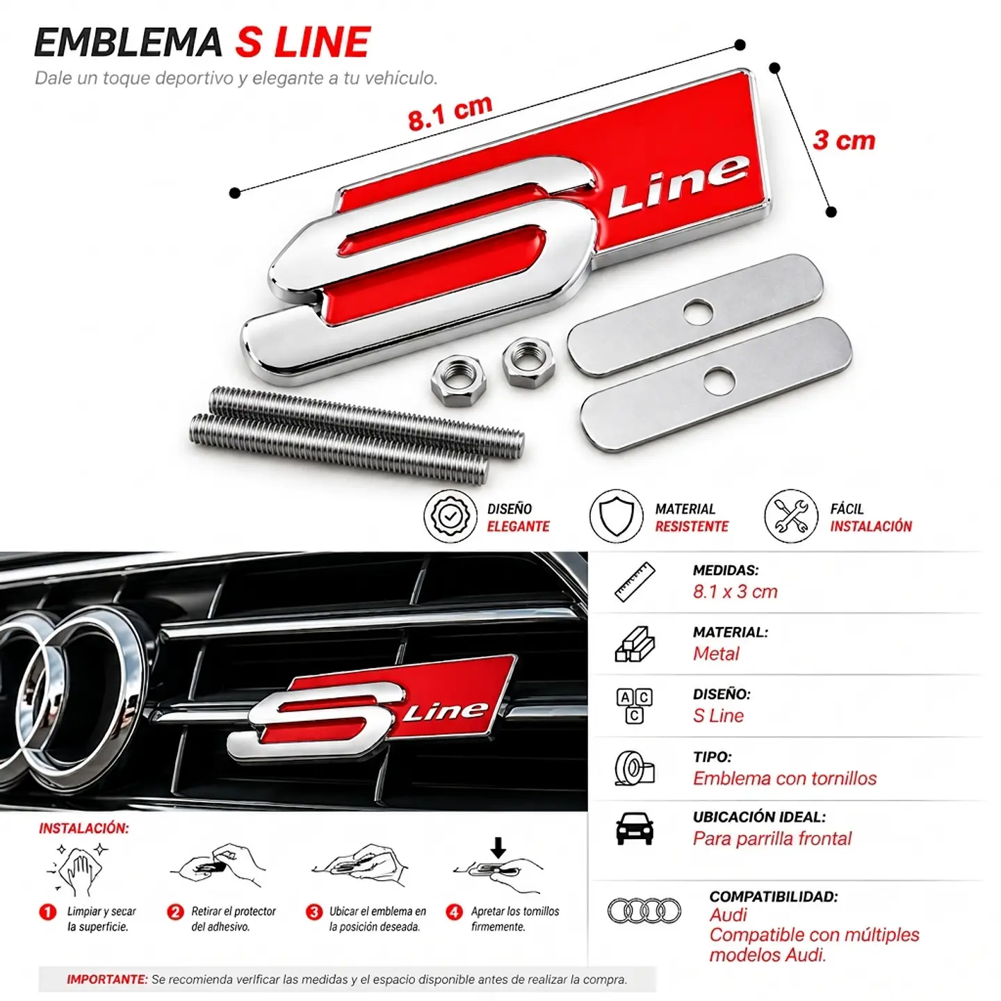 Emblema Frontal Sline Logo Para Audi S Line Parrilla 8.1x3cm Negro 3
