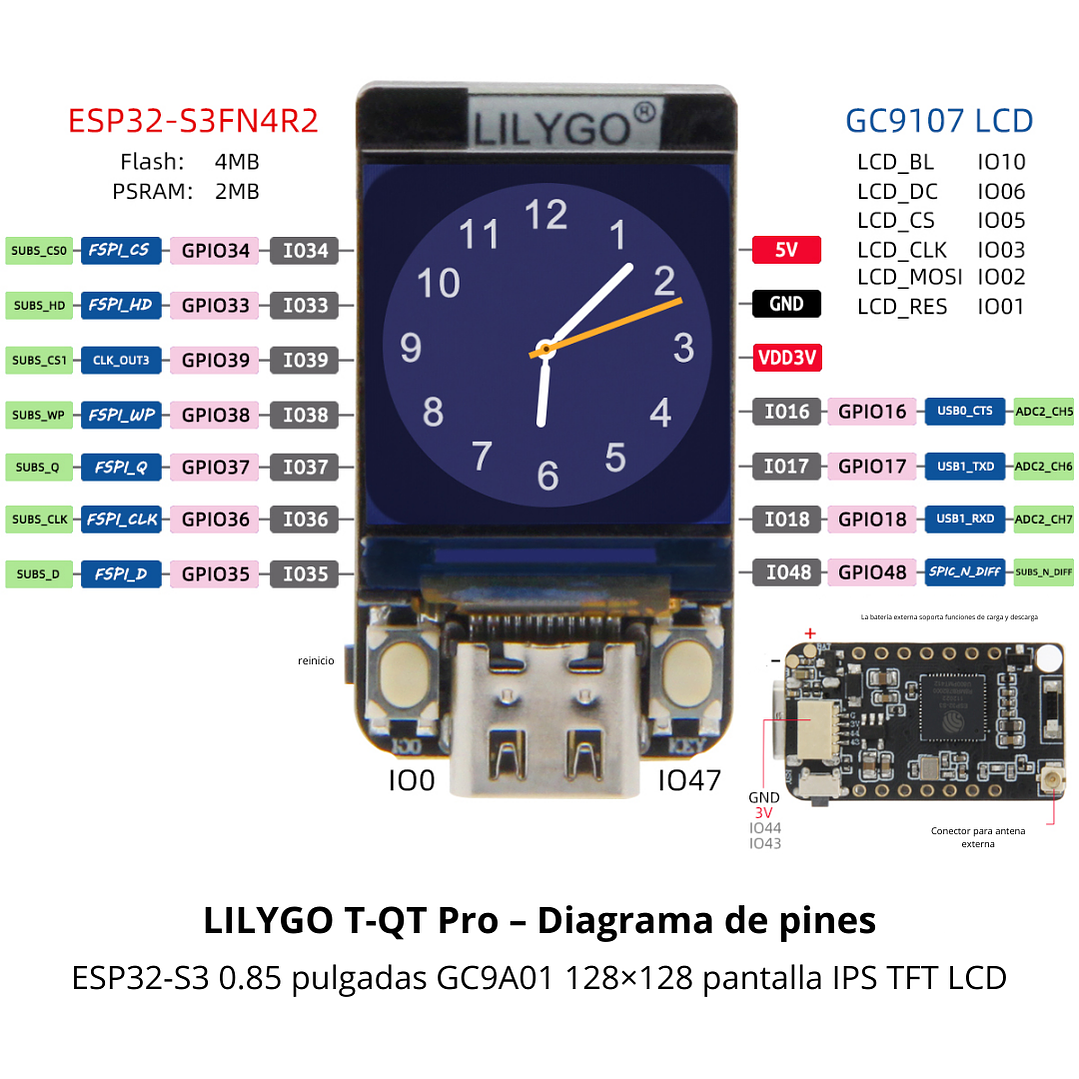 LILYGO T-QT Pro ESP32-S3 con Carcasa – Pantalla IPS 0.85” GC9A01, WiFi + Bluetooth, 4MB Flash y 2MB PSRAM 6