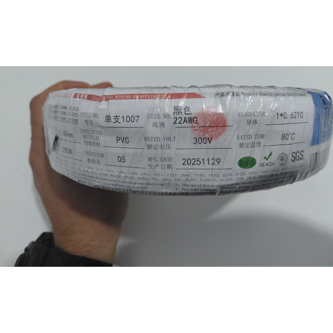 Cable Eléctrico PVC 22 AWG Negro Rollo 295 m Cobre Estañado 6