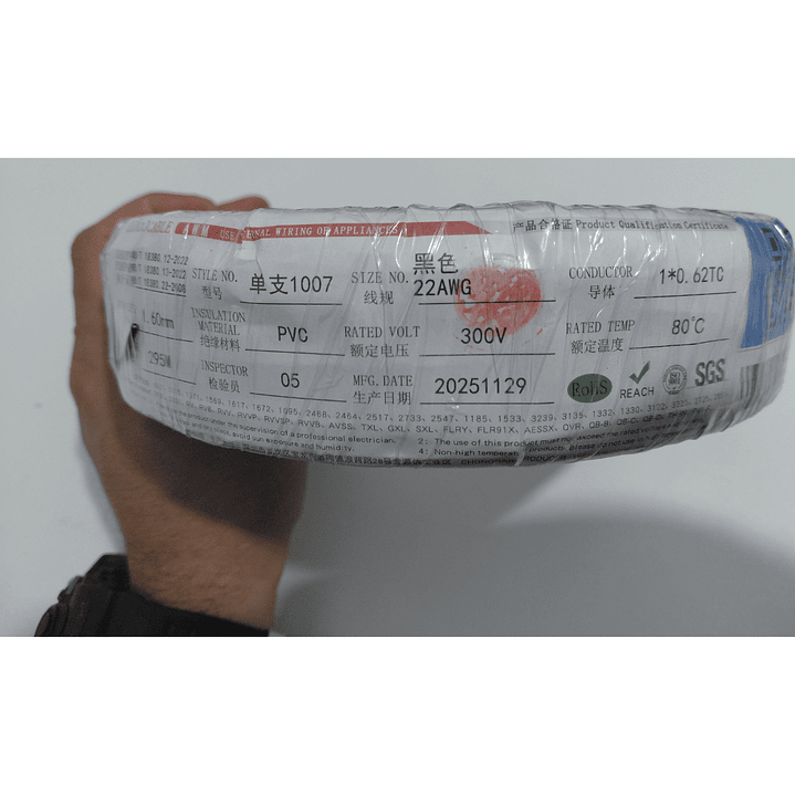 Cable Eléctrico PVC 22 AWG Negro Rollo 295 m Cobre Estañado 6