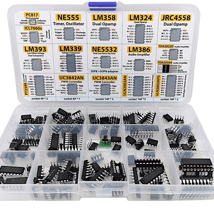 Kit de Circuitos Integrados 150 Piezas – NE555, LM358, LM324, PC817 y Más + Zócalos DIP 3