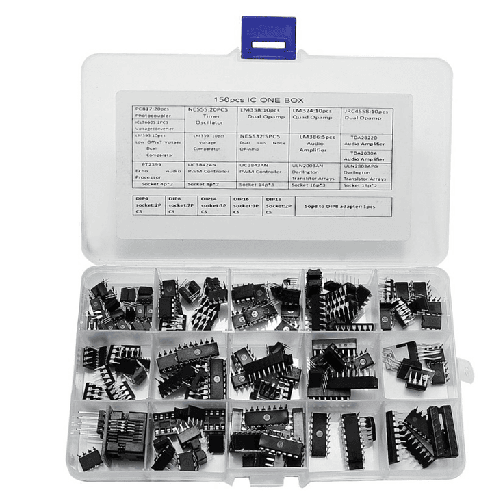 Kit de Circuitos Integrados 150 Piezas – NE555, LM358, LM324, PC817 y Más + Zócalos DIP 1
