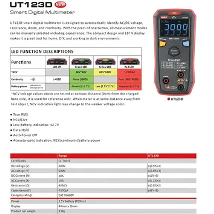 Multímetro Digital Smart True Rms 600v Ac/dc Ut123d Uni-t 7