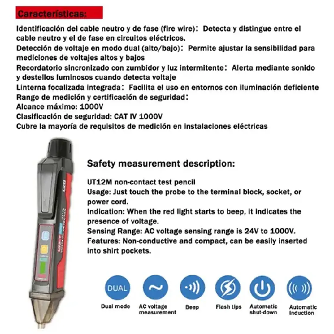 Detector de Voltaje Luminoso Sonoro Uni-T UT12M 1000V 24V Inalámbrico Linterna 12