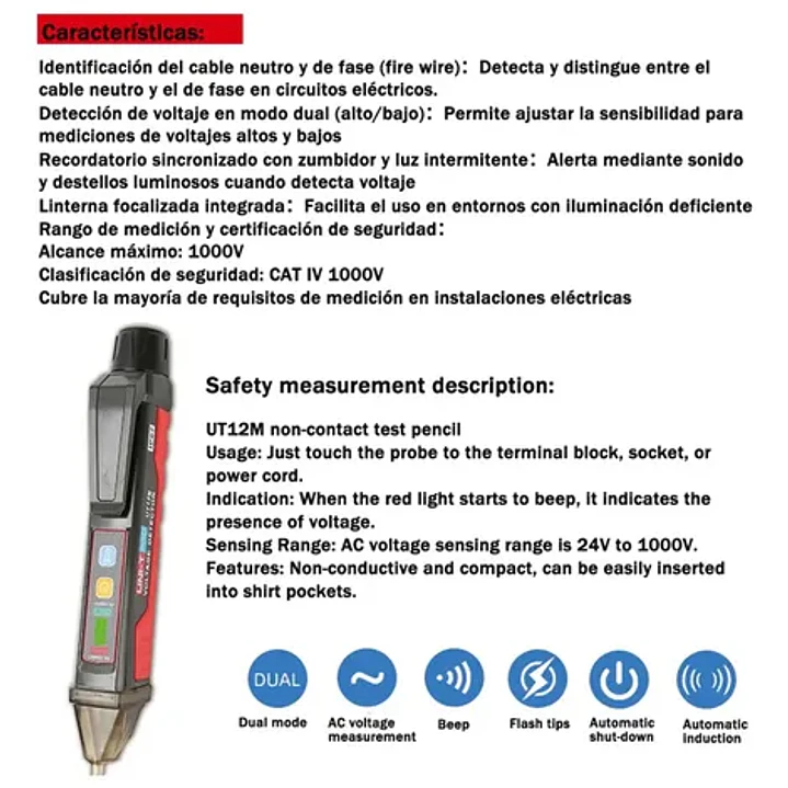 Detector de Voltaje Luminoso Sonoro Uni-T UT12M 1000V 24V Inalámbrico Linterna 12