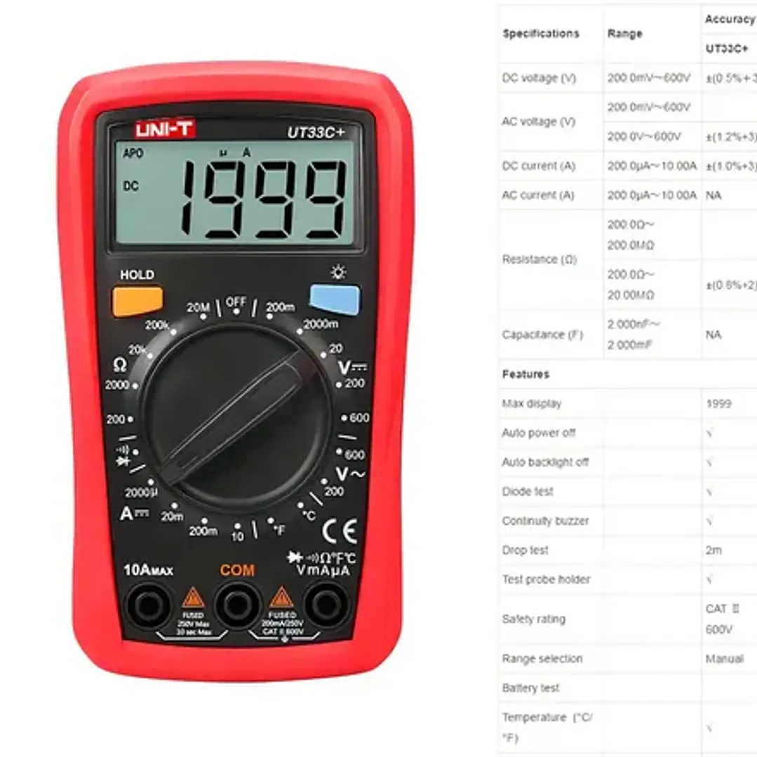 Multímetro digital UNI-T UT33C+ 600V AC/DC medición de temperatura CAT II 600V 9