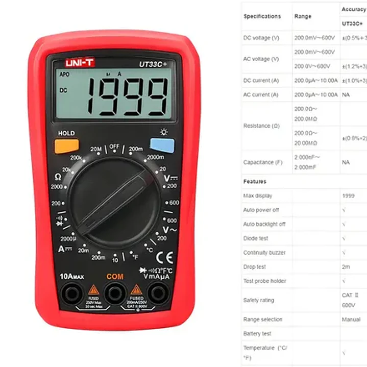 Multímetro digital UNI-T UT33C+ 600V AC/DC medición de temperatura CAT II 600V 9