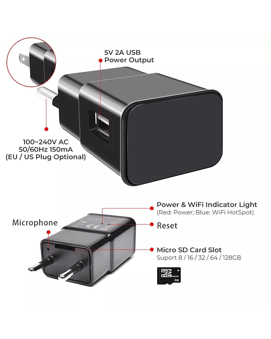 Mini Cámara Espia WiFi Cargador inalámbrica 1080P