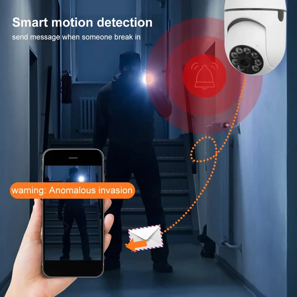 Camara para exteriores, Wifi visión nocturna, conexión a soquete de 10