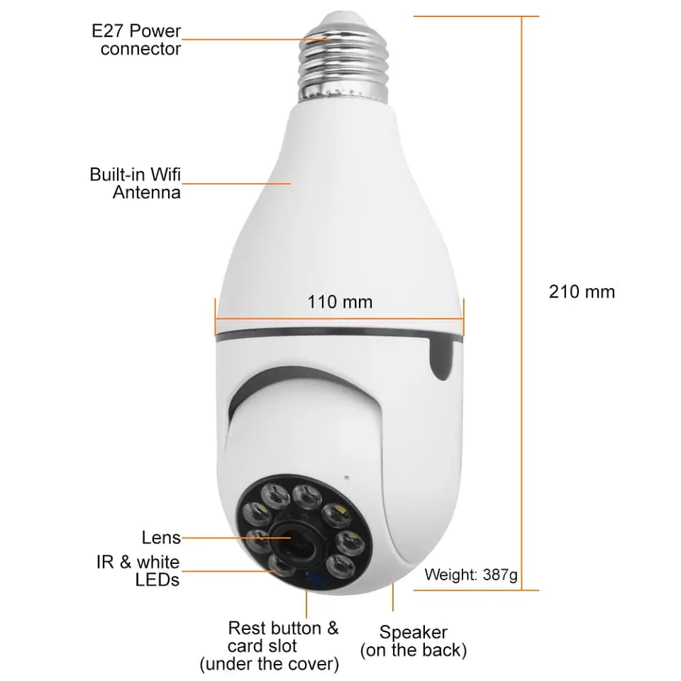 Camara para exteriores, Wifi visión nocturna, conexión a soquete de 12