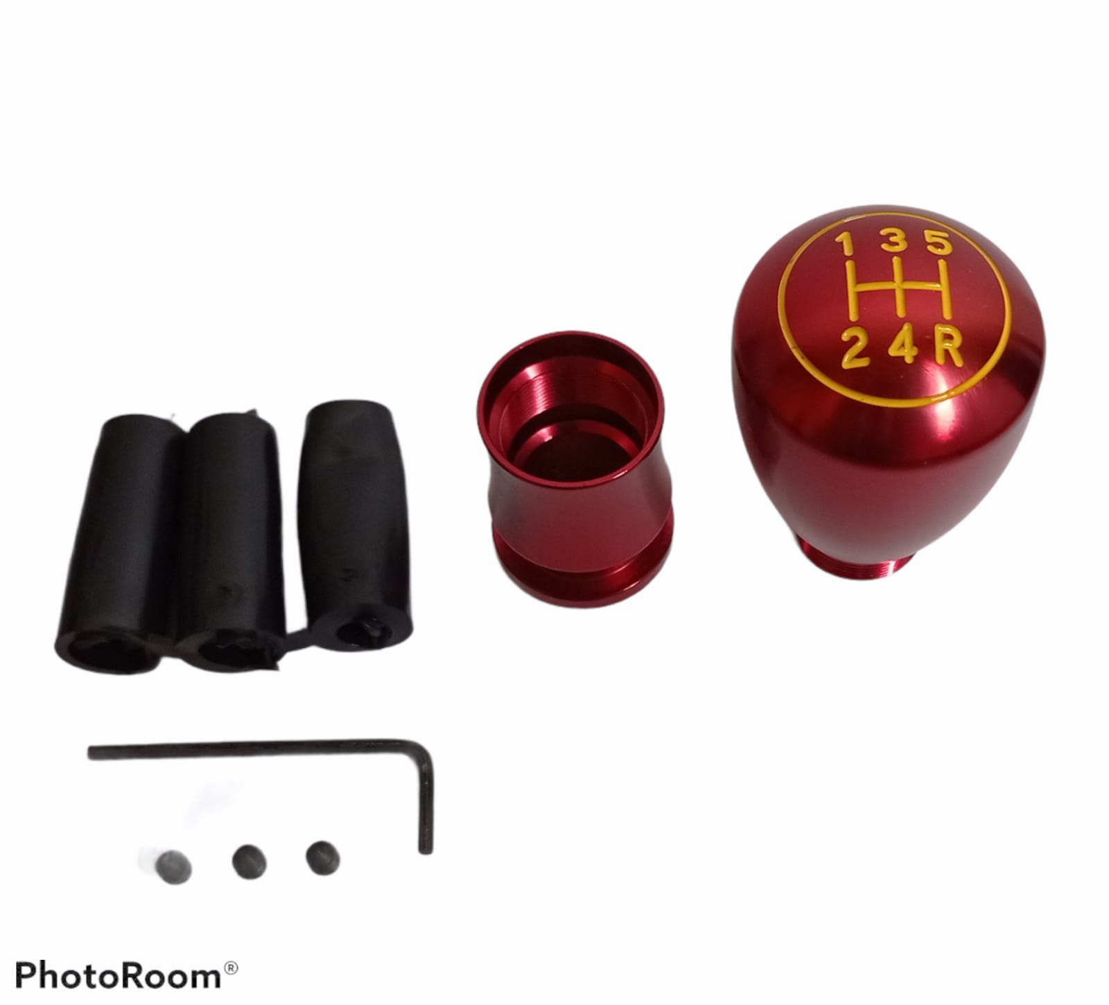 Pomo palanca cambio (cuero) negro/aluminio rojo 6 velocidades