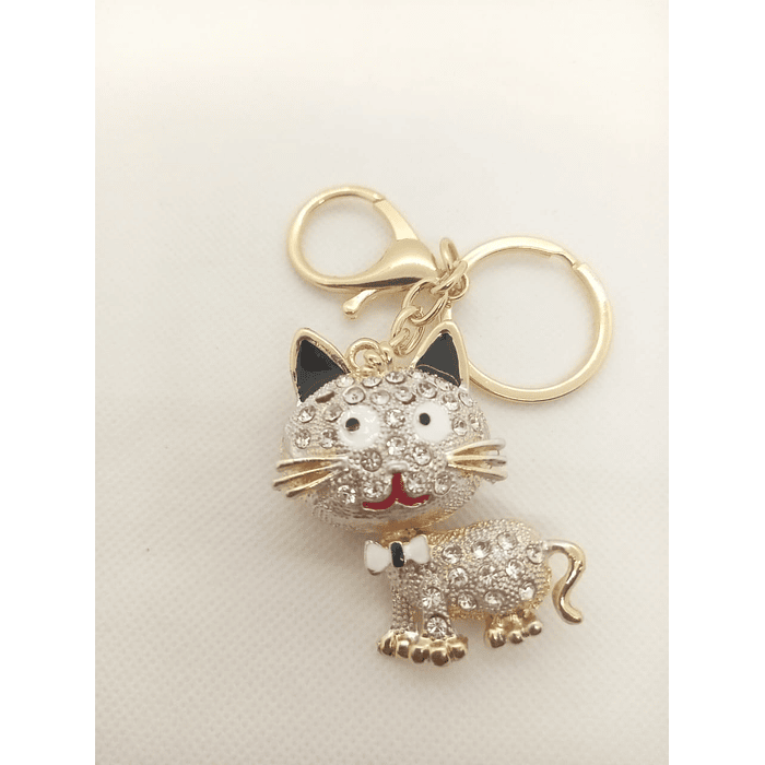 Oferta llaveros de metal con imitación de diamantes diseño gato con lazo  6