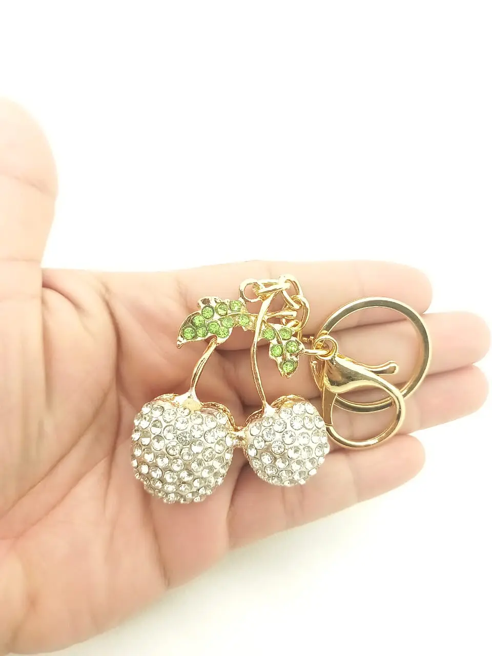 Llaveros de metal con imitación de diamantes diseño cerezas blancas 4