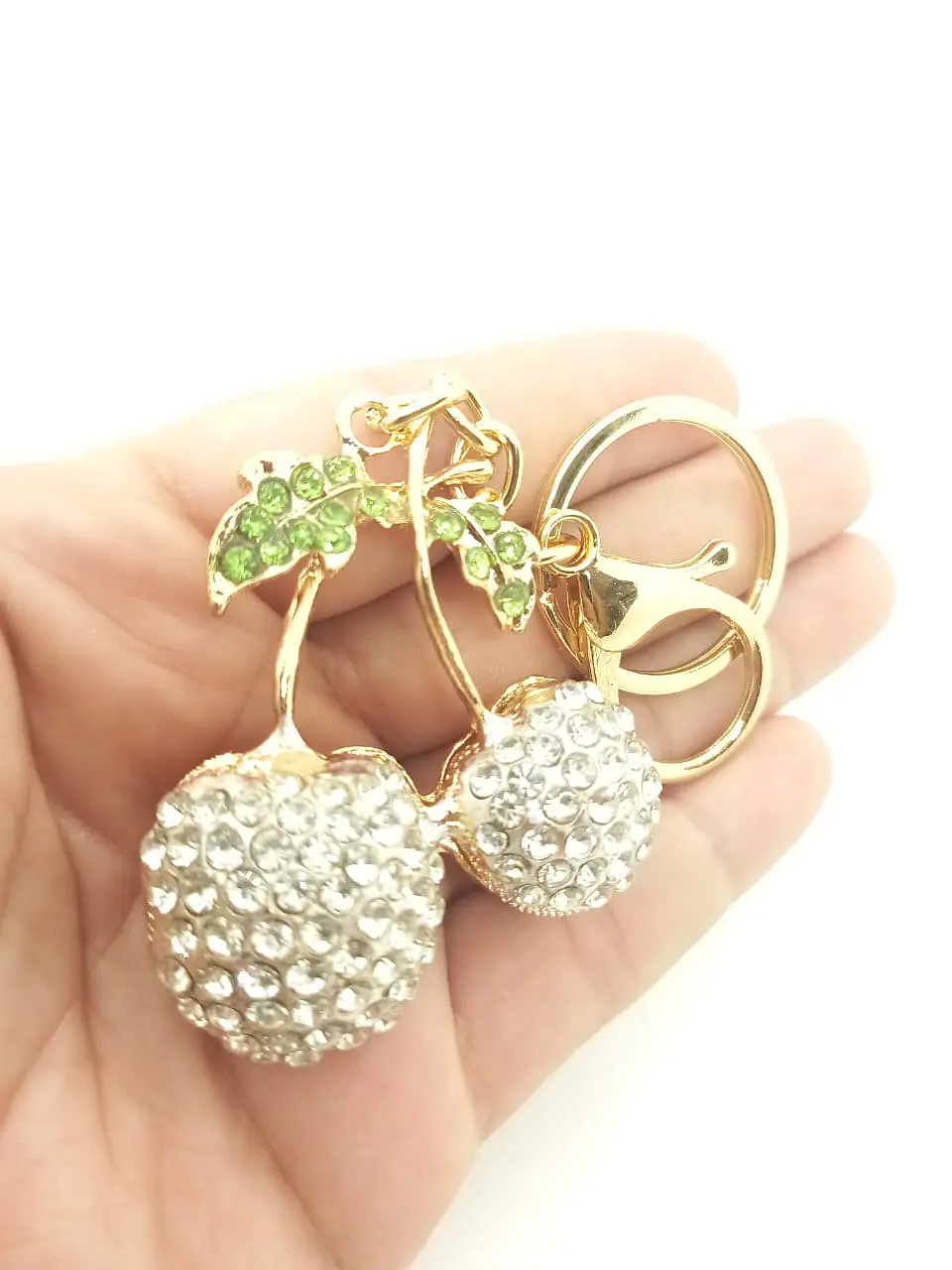Llaveros de metal con imitación de diamantes diseño cerezas blancas 1