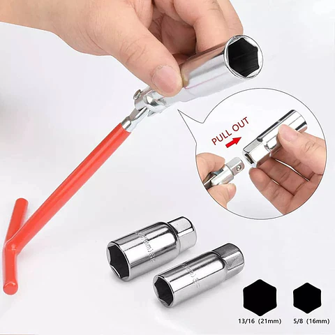 Llave herramienta extractor saca bujias con dados 16mm 21mm mango