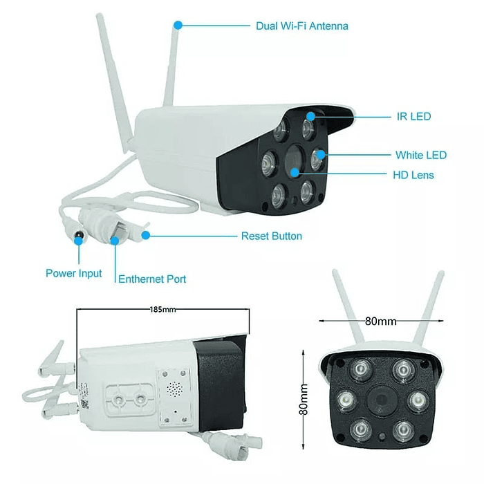 Cámara de seguridad IP WiFi Full HD 1080p 2 Mega Píxeles reales tipo Bala para uso en interiores o exteriores app V380 Pro soporta memoria 64gb no incluida conexión a internet por WiFi o cable de red  5