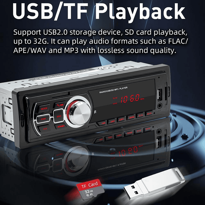 Radio reproductor convencional 1 Din con Bluetooth, MP3, USB, SD para autos 12v radio am/fm 18.8cmx5.8cm  4