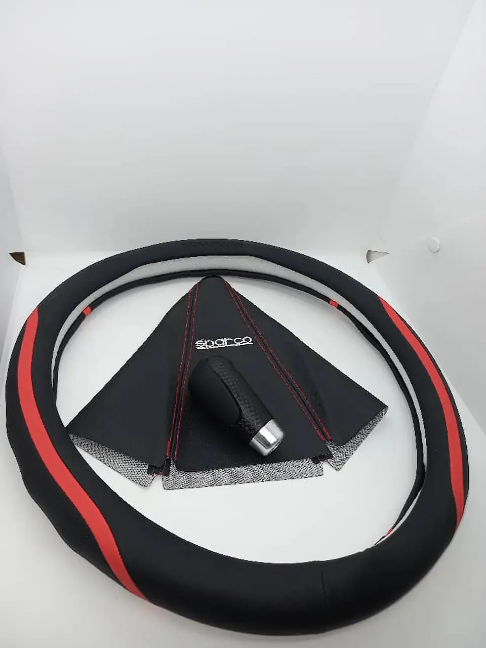 Set 3pzs cubre volante franja roja, fuelle Sparco, palanca negro 2