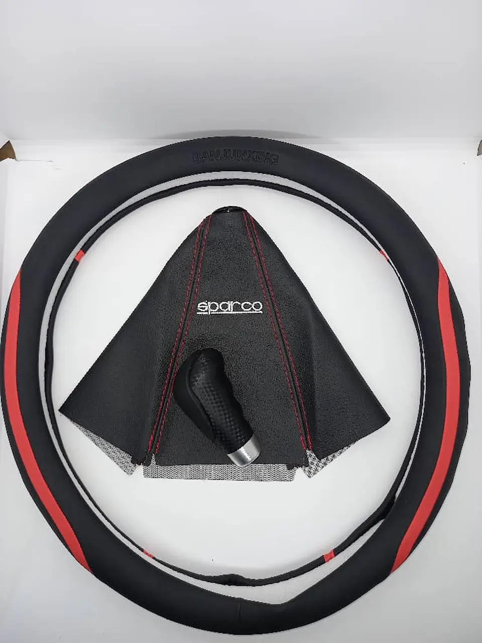 Set 3pzs cubre volante franja roja, fuelle Sparco, palanca negro 4