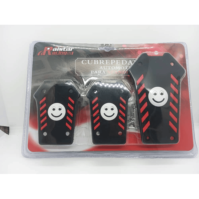 Set cubre pedales de auto diseño carita feliz 3 piezas de aluminio y goma tunning universal para autos manuales colores Negro con rojo 1