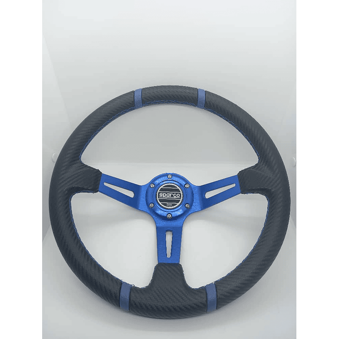 Volante de auto universal Tunning deportivo marca Sparco con botón de bocina medida 35cm diámetro externo diseño carbono centro azul doble línea azul trenzado azul 4