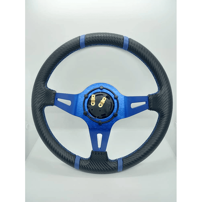 Volante de auto universal Tunning deportivo marca Momo con botón de bocina medida 35cm diámetro externo diseño carbono centro azul doble línea azul trenzado azul 5