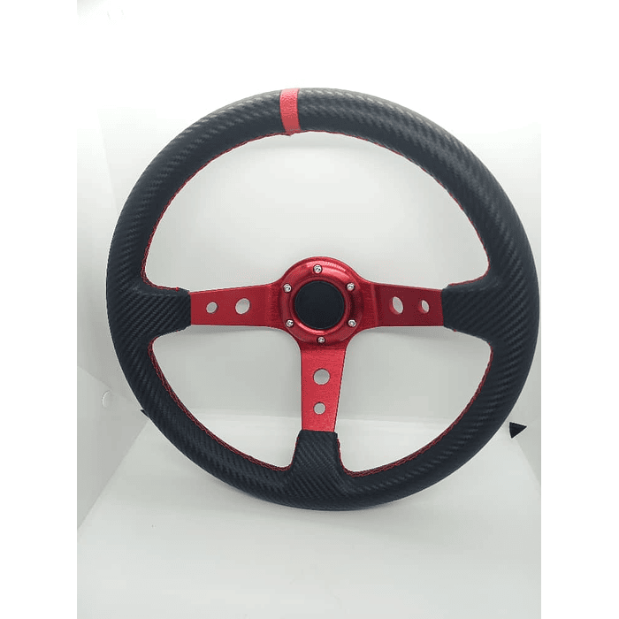 Volante de auto universal Tunning deportivo marca sparco con botón de bocina medida 35cm diámetro externo diseño carbono con agujeros centro rojo línea roja trenzado rojo 8