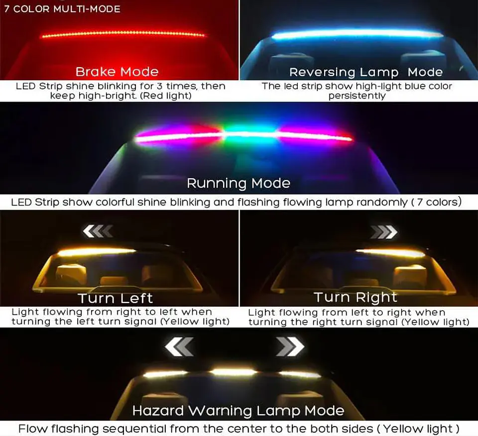 Tira de luz led de freno 90cm RGB para Luneta trasera 6 funciones 12
