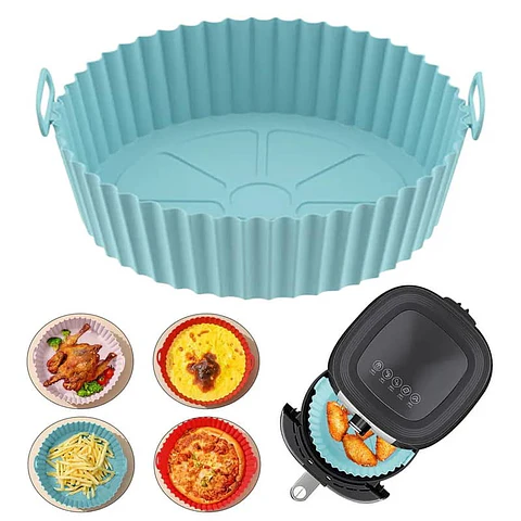 Cesta de silicona para freidora de aire, bandeja reutilizable celeste